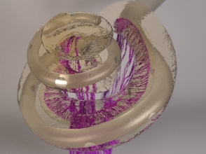 3-D-Abbildung des menschlichen Innenohrs mit einer Cochlea-Implantatelektrode erstellt auf Grundlage hochaufgelöster Computertomografie. In violett sind die Fasern des Hörnervs dargestellt.  Abbildung: Siwei Bai / TUM